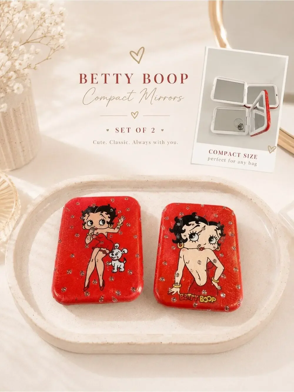 Set of 2 -cute Betty Boop Red sparkly Compact Mirror vintage inspired 80’s gift